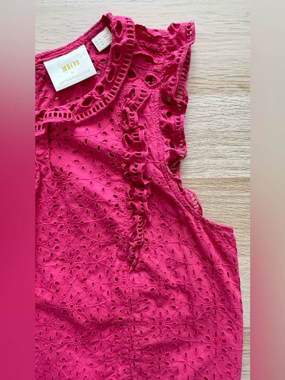 Maeve Eyelet Ruffle Blouse Pink Boho Cottagecore Size 10 Anthropologie - Picture 4 of 12